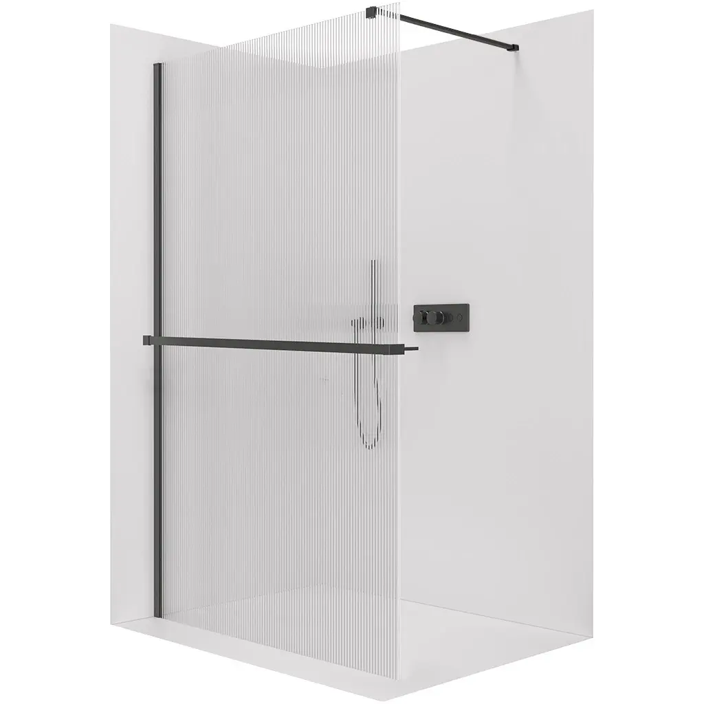 CERANO Sprchová zástěna Walk-in Onyx Cube L/P 8 mm + polička/držák na ručníky hranatá vzpěra černá matná, rýhované sklo 120x200 CER-8050BD618