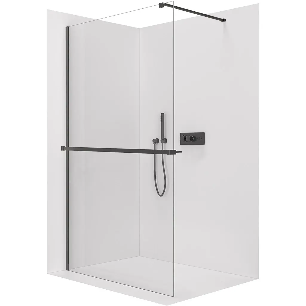 Sprchová zástěna Walk-in Onyx Cube L/P - 8 mm + polička/držák na ručníky - hranatá vzpěra - černá matná, transparentní sklo - 120x200 cm