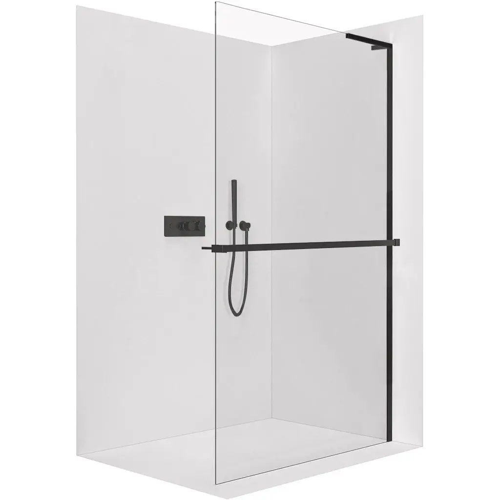 Sprchová zástěna Walk-in Onyx L-pravá vzpěra - 8 mm + polička/držák na ručníky - černá matná, transparentní sklo - 160x200 cm