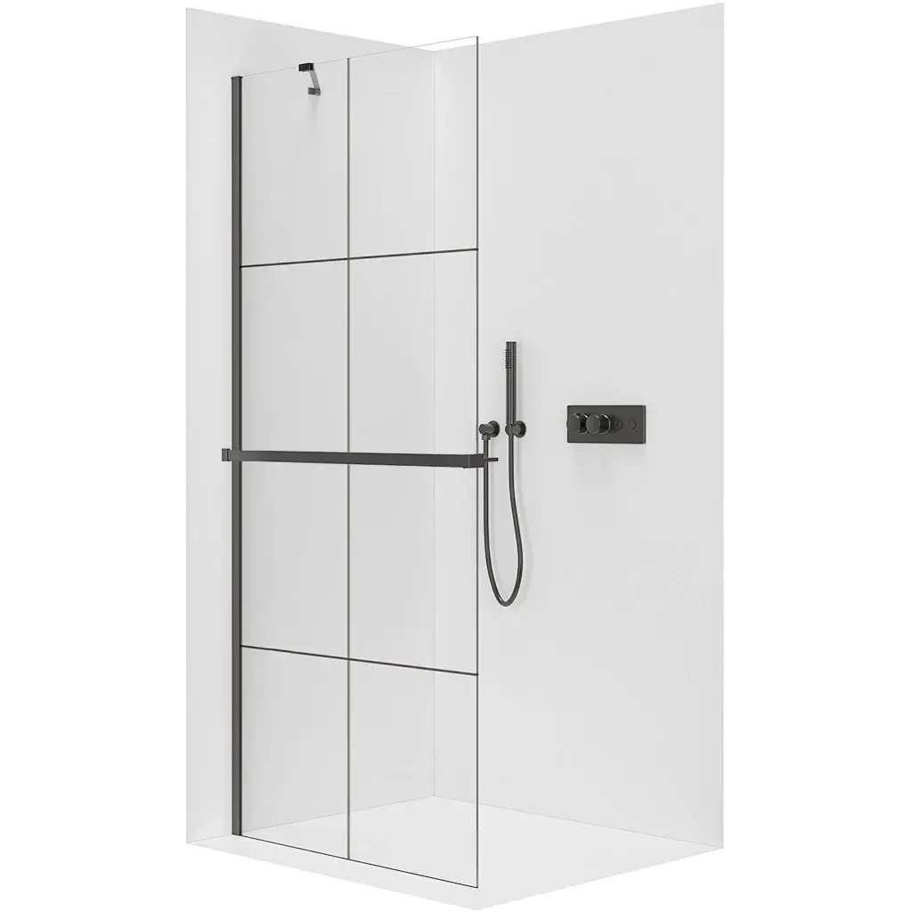 CERANO Sprchová zástěna Walk-in Onyx Y L/P 8 mm + polička/držák na ručníky černá matná, industriální sklo 110x200 CER-8050BD1403