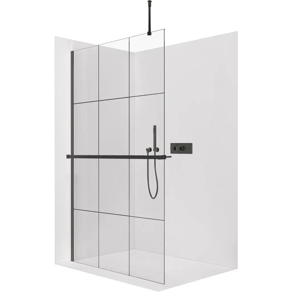 CERANO Sprchová zástěna Walk-in Onyx Top Round L/P 8 mm kulatá vzpěra + polička/držák na ručníky černá matná, industriální sklo 120x200 CER-8050BD1480