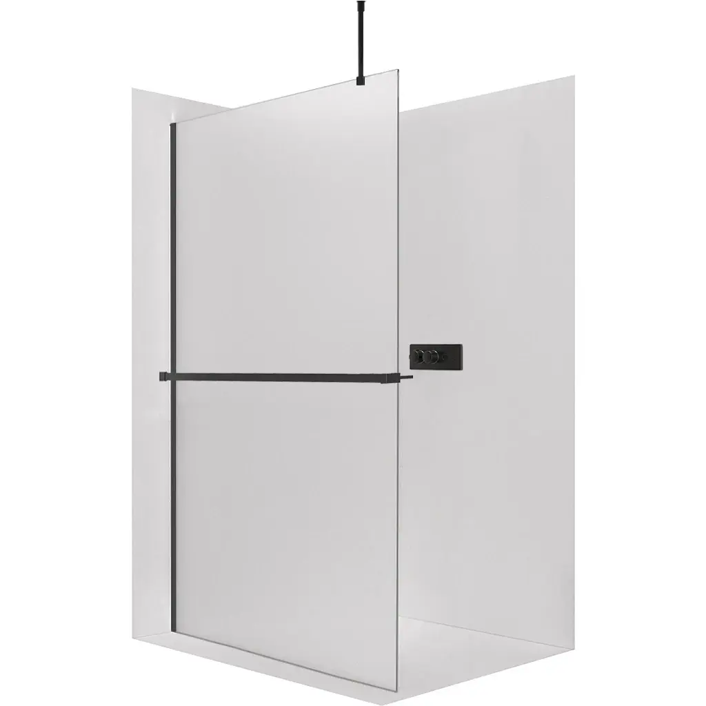 Sprchová zástěna Walk-in Onyx Top Round L/P - 8 mm - kulatá vzpěra + polička/držák na ručníky - černá matná, mléčné sklo - 160x200 cm