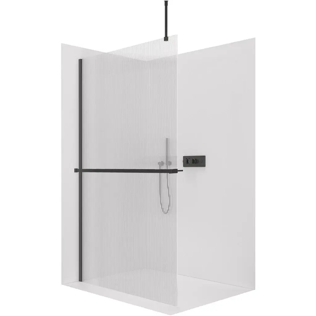Sprchová zástěna Walk-in Onyx Top Round L/P - 8 mm - kulatá vzpěra + polička/držák na ručníky - černá matná, rýhované sklo - 110x200 cm