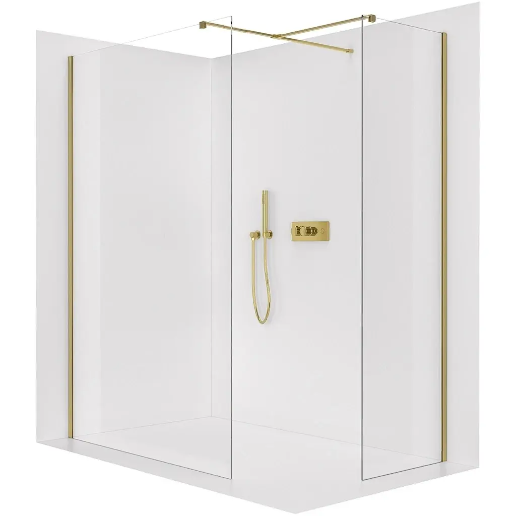 Sprchová zástěna Walk-in Onyx T L/P - 8 mm - hranatá vzpěra - zlatá, transparentní sklo - 160x150x200 cm