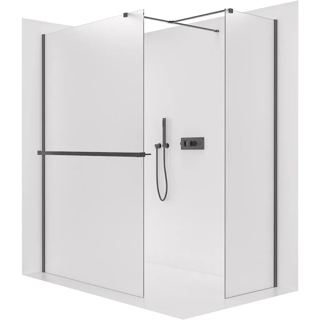 Sprchová zástěna Walk-in Onyx T L/P - 8 mm - hranatá vzpěra + polička/držák na ručníky - černá matná, mléčné sklo - 160x70x200 cm