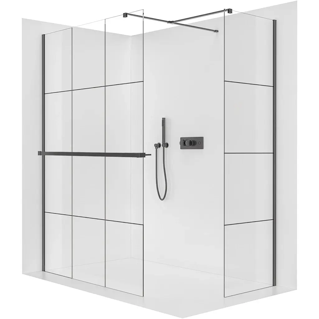 Sprchová zástěna Walk-in Onyx T L/P - 8 mm - hranatá vzpěra + polička/držák na ručníky - černá matná, industriální sklo - 160x140x200 cm