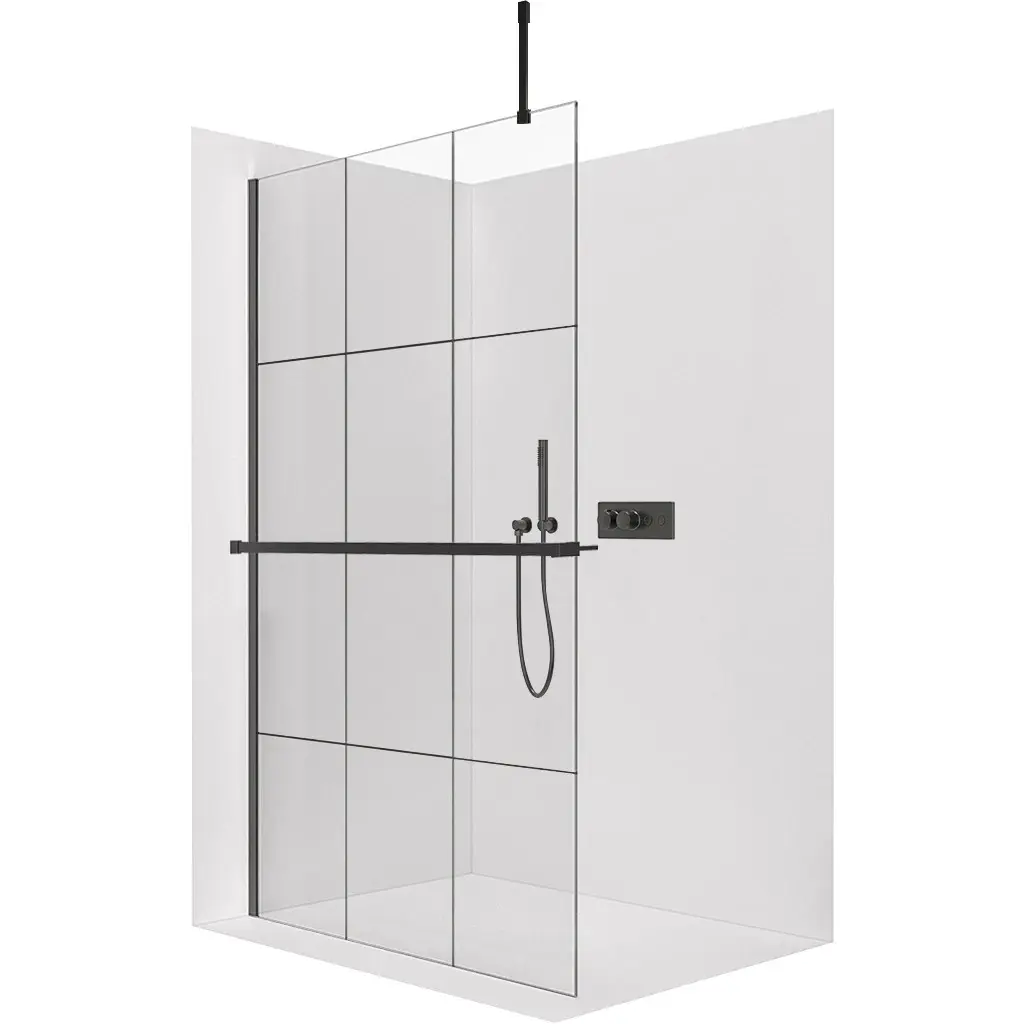 Sprchová zástěna Walk-in Onyx Top Cube L/P - 8 mm - hranatá vzpěra + polička/držák na ručníky - černá matná, industriální sklo - 110x200 cm