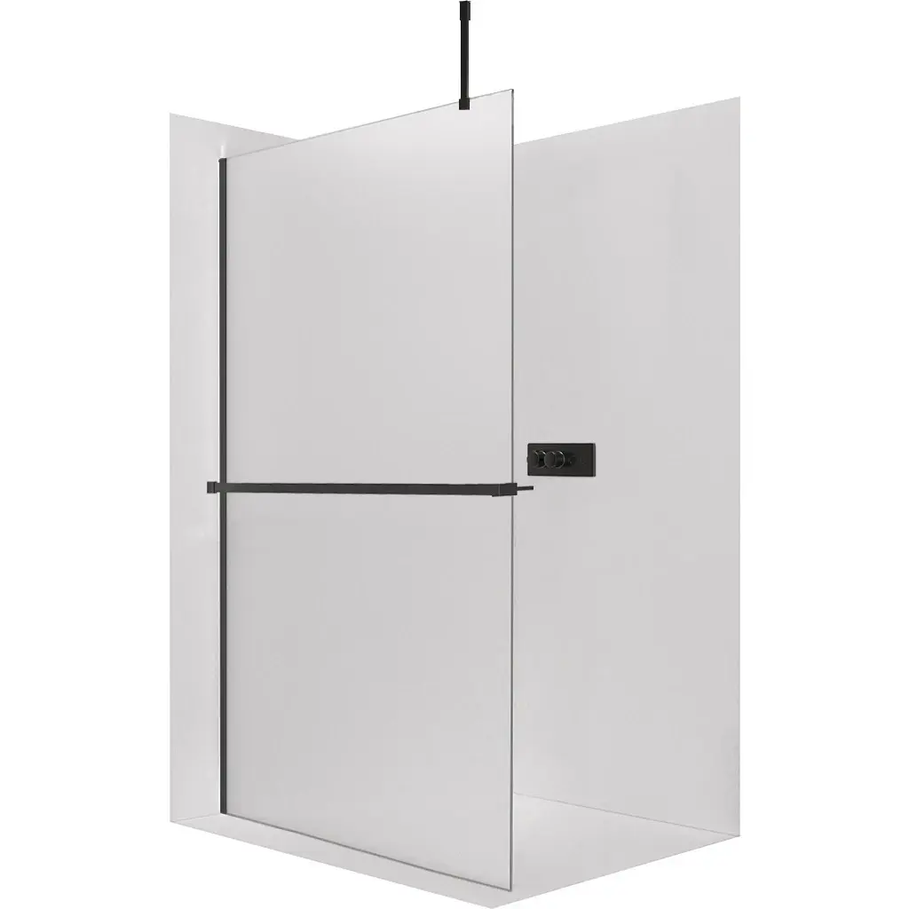 CERANO Sprchová zástěna Walk-in Onyx Top Cube L/P 8 mm hranatá vzpěra + polička/držák na ručníky černá matná, mléčné sklo 70x200 CER-8050BD7128