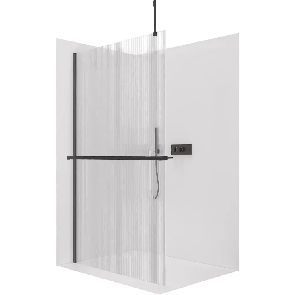 CERANO Sprchová zástěna Walk-in Onyx Top Cube L/P 8 mm hranatá vzpěra + polička/držák na ručníky černá matná, rýhované sklo 120x200 CER-8050BD7133