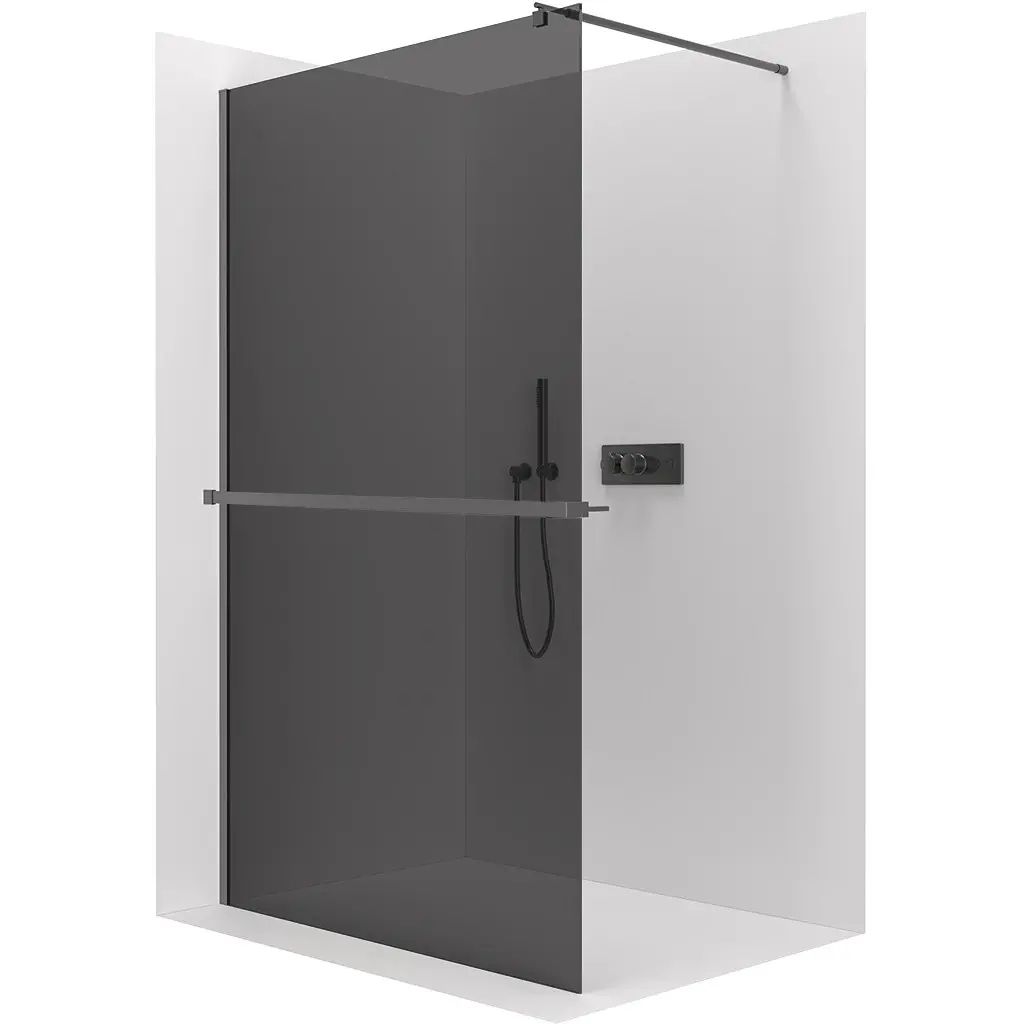 CERANO Sprchová zástěna Walk-in Onyx Round L/P 10 mm + polička/držák na ručníky kulatá vzpěra černá matná, grafitové sklo 150x200 CER-9040B1130