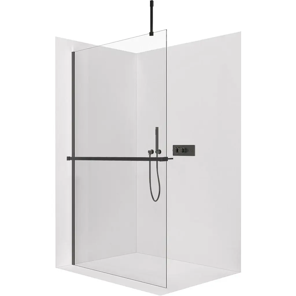 Sprchová zástěna Walk-in Onyx Top Cube L/P - 10 mm - hranatá vzpěra + polička/držák na ručníky - černá matná, transparentní sklo - 130x200 cm