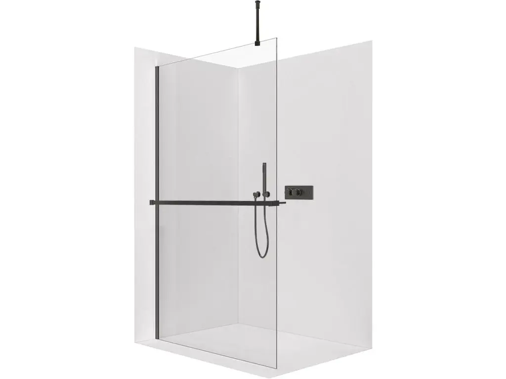 CERANO Sprchová zástěna Walk-in Onyx Top Round L/P 10 mm kulatá vzpěra + polička/držák na ručníky černá matná, transparentní sklo 160x200 CER-8050BD711337