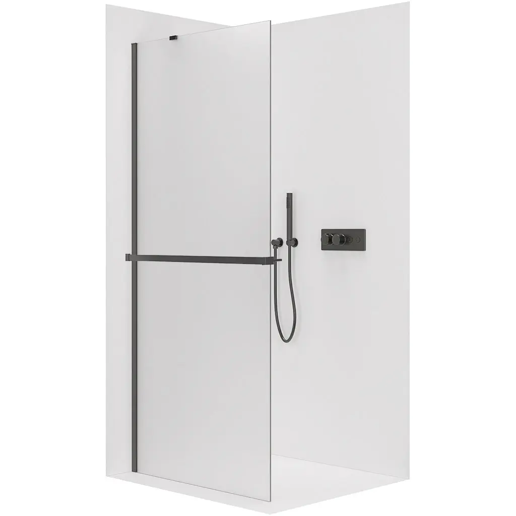 Sprchová zástěna Walk-in Onyx Y L/P - 8 mm - kulatá vzpěra + polička/držák na ručníky - černá matná, mléčné sklo - 30x200 cm