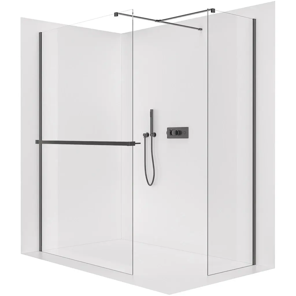 Sprchová zástěna Walk-in Onyx T L/P - 8 mm - hranatá vzpěra + polička/držák na ručníky - černá matná, transparentní sklo - 90x30x200 cm