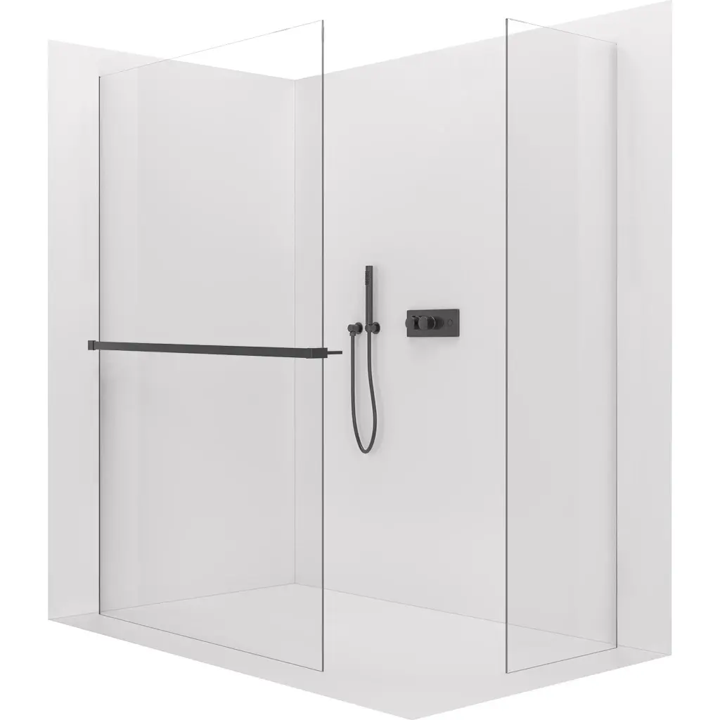 Sprchová zástěna Walk-in Crystal T L/P - 10 mm - bezvzpěrový systém + polička/držák na ručníky - černá matná, transparentní sklo - 160x100x200 cm