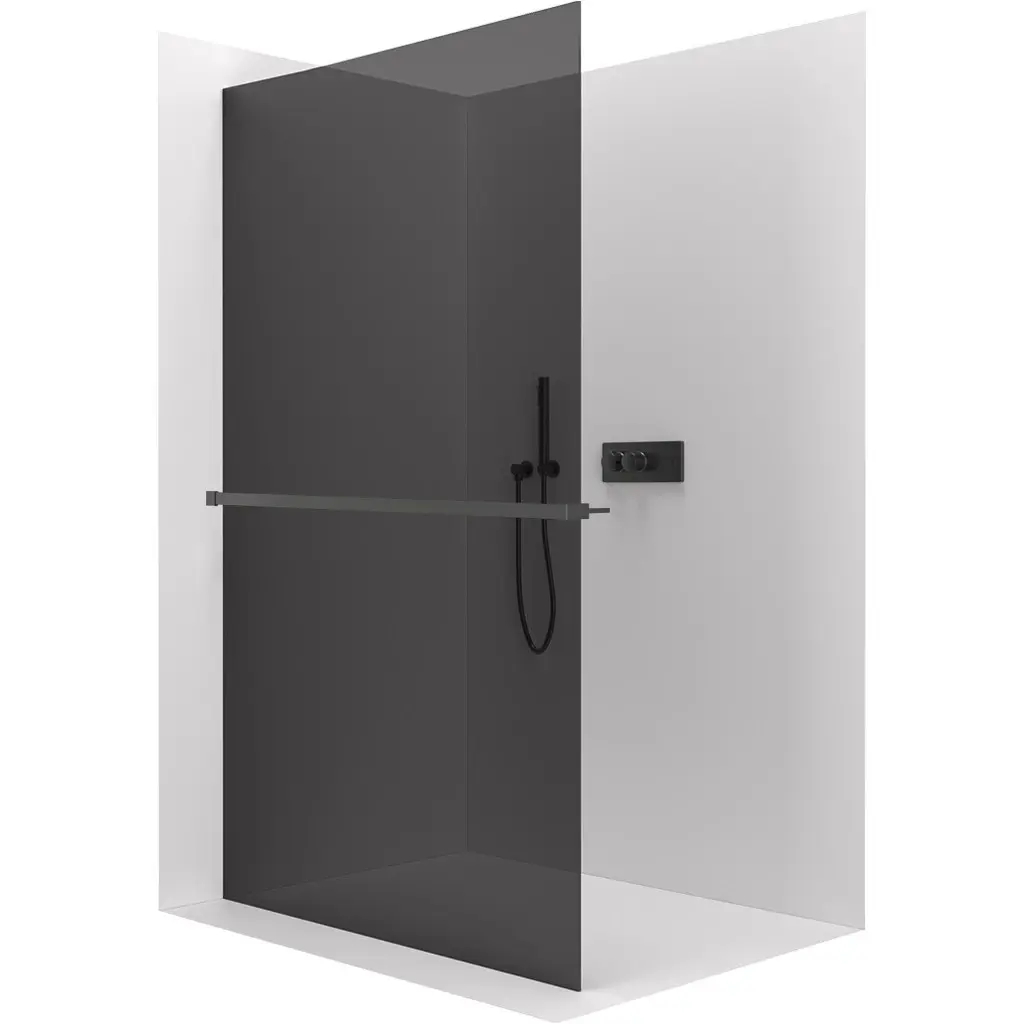 Sprchová zástěna Walk-in Crystal L/P - 10 mm + polička/držák na ručníky - bezvzpěrový systém - černá matná, grafitové sklo - 140x200 cm