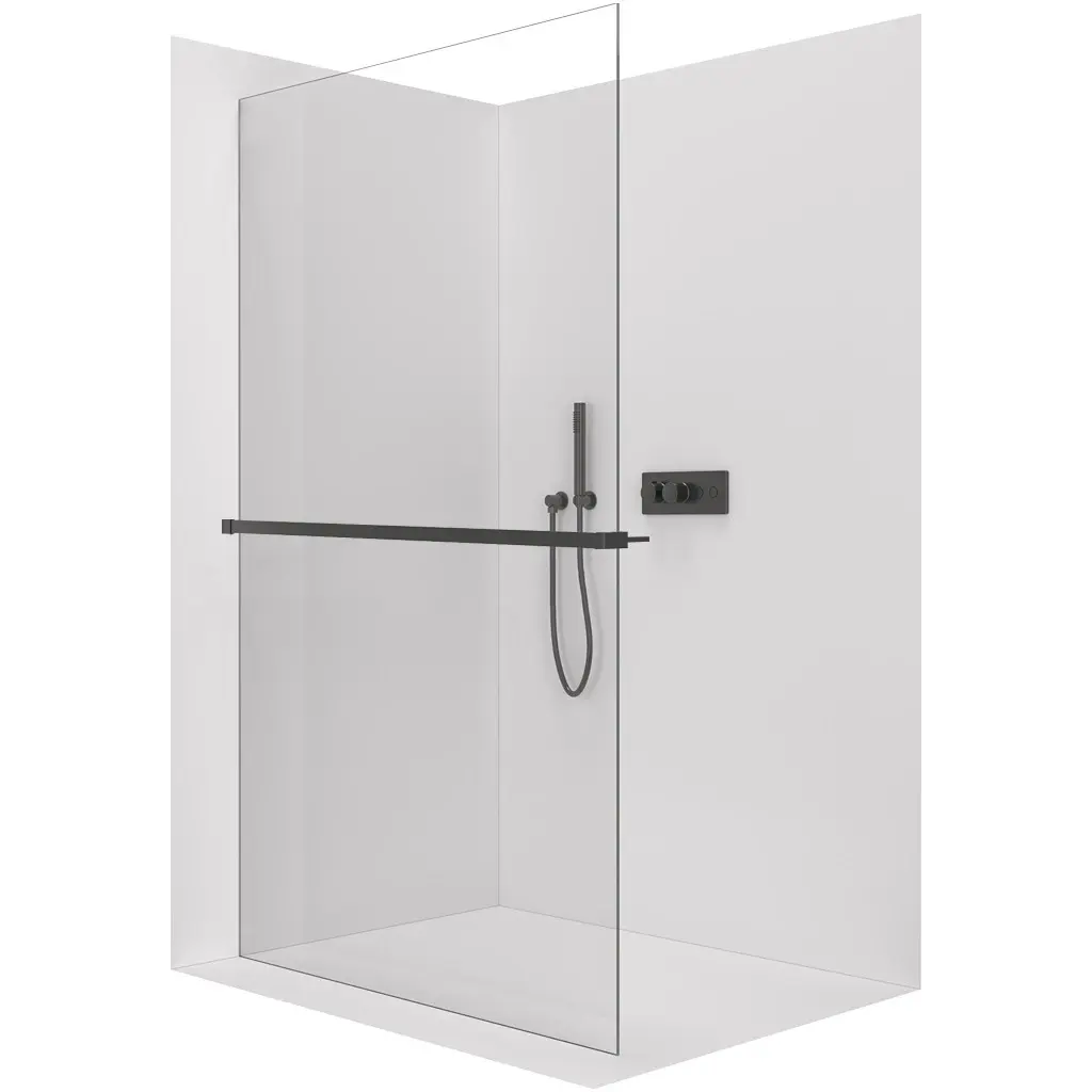 Sprchová zástěna Walk-in Crystal L/P - 10 mm + polička/držák na ručníky - bezvzpěrový systém - černá matná, transparentní sklo - 110x200 cm
