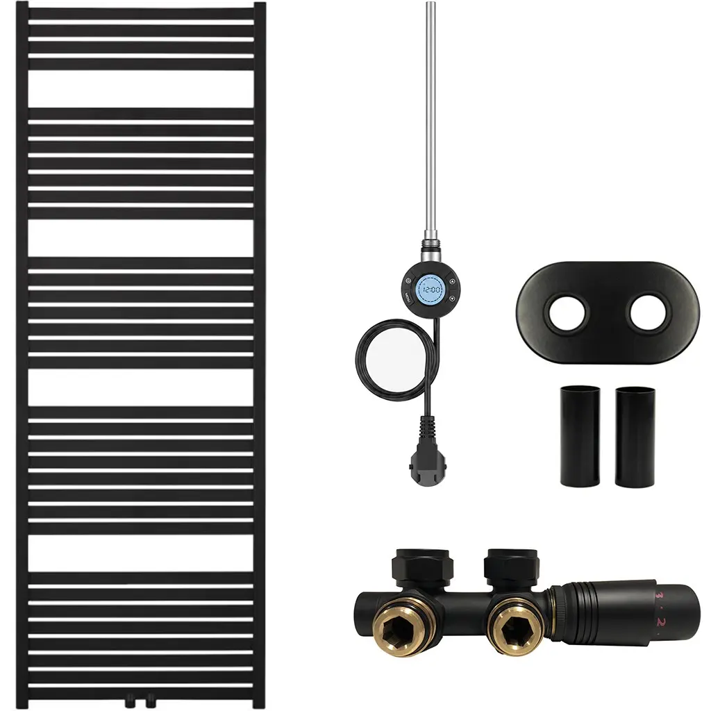 Koupelnový radiátorový set Vincenzo - kombinované výtápění, wifi tyč - středové připojení 50 mm - 600W - černá matná - 1700x600 mm