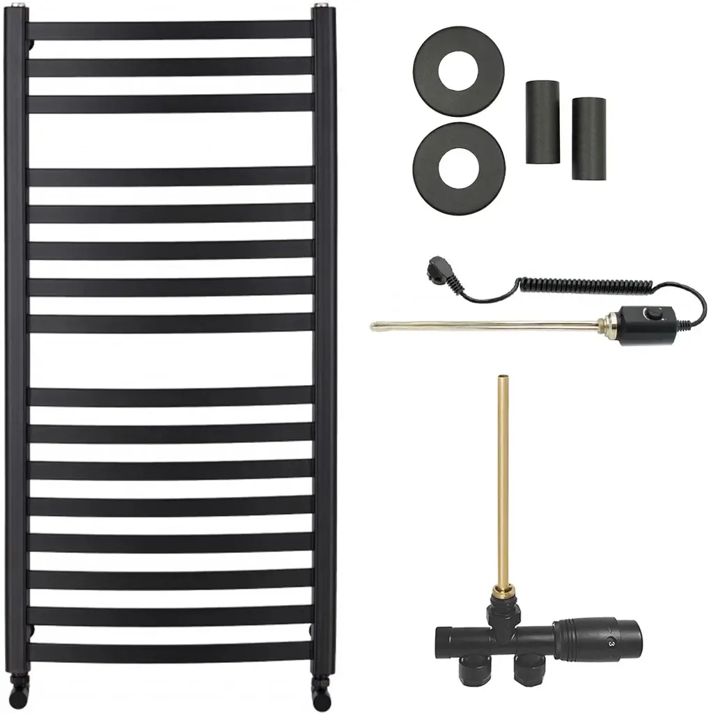 Koupelnový radiátorový set Paolo - kombinované vytápění, termo tyč - boční jednobodové připojení - 600W - černá matná - 1090x550 mm