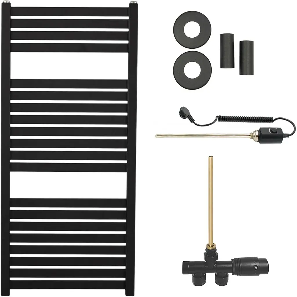 Koupelnový radiátorový set Vincenzo - kombinované vytápění, termo tyč - boční jednobodové připojení - 300W - černá matná - 970x450 mm