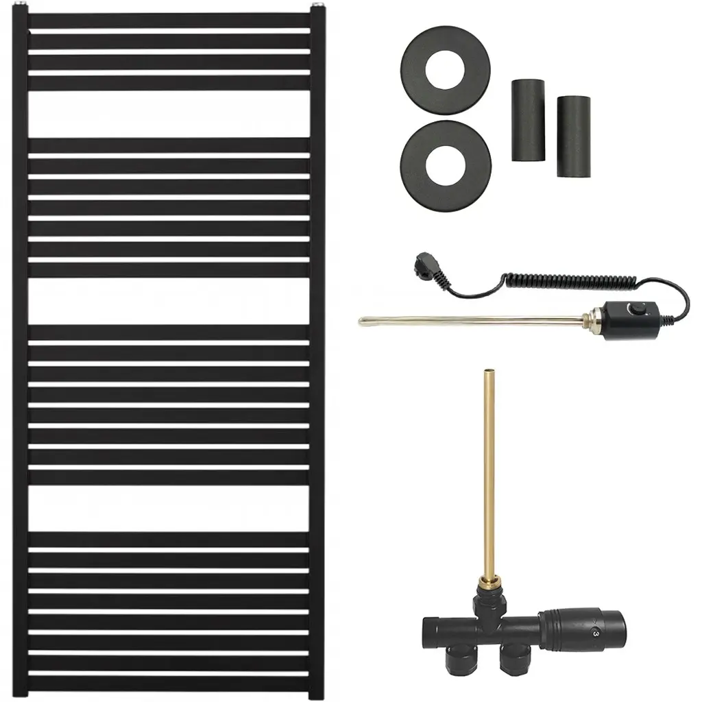Koupelnový radiátorový set Vincenzo - kombinované vytápění, termo tyč - boční jednobodové připojení - 600W - černá matná - 1330x600 mm