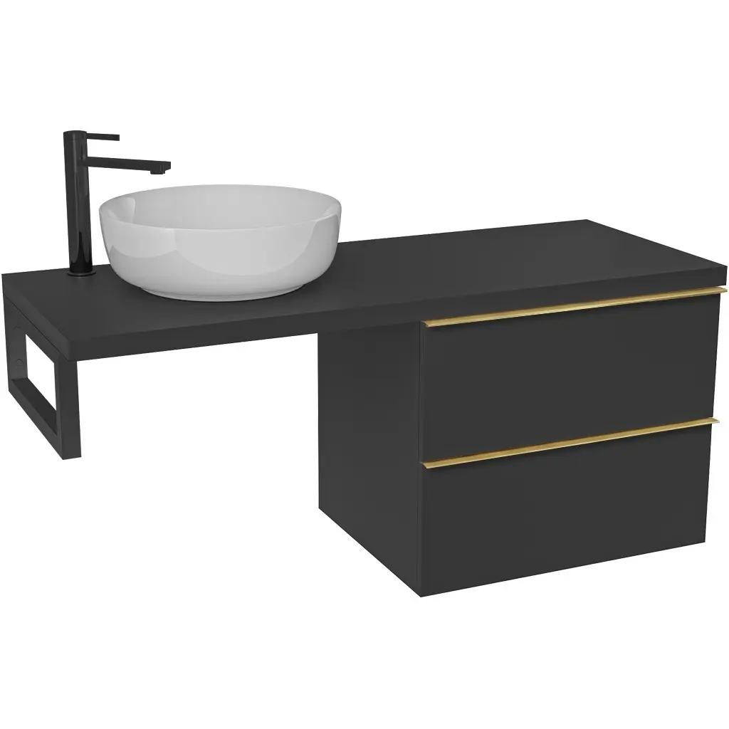 Koupelnová skříňka Velora - černá matná, úchytka zlatá + deska pod umyvadlo Navira Pro - 36 mm + konzole černá - 120x56,6x46,5 cm
