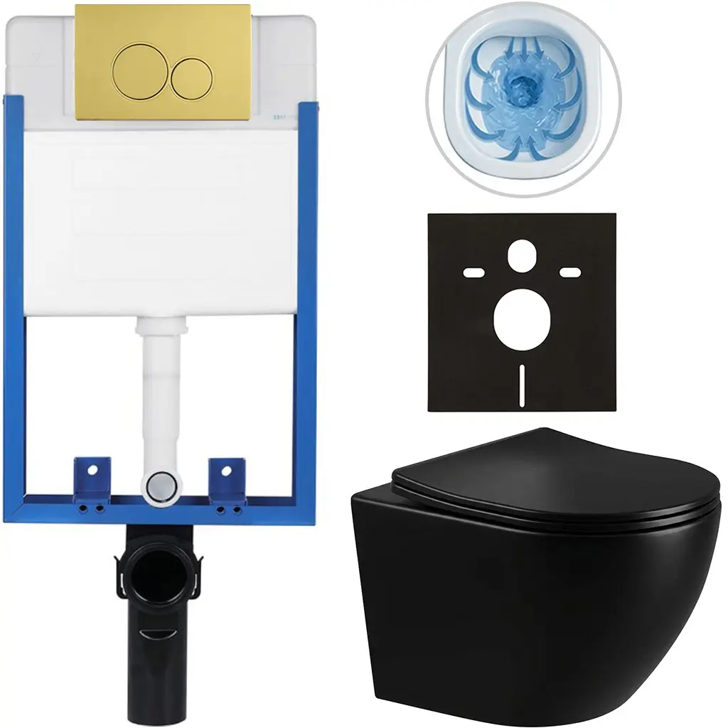 Kompletní WC set Profi/Cesso - černá lesklá - WC tlačítko Duo/Zlatá - pro zazdění - 49x36 cm