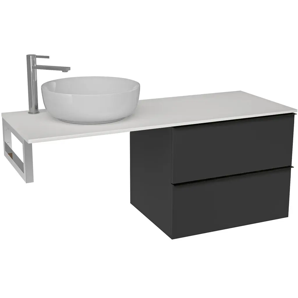 Koupelnová skříňka Velora - černá matná, úchytka černá + deska z lit. mramoru Elanys - 12 mm + konzole chrom - 160x54,2x46,5 cm