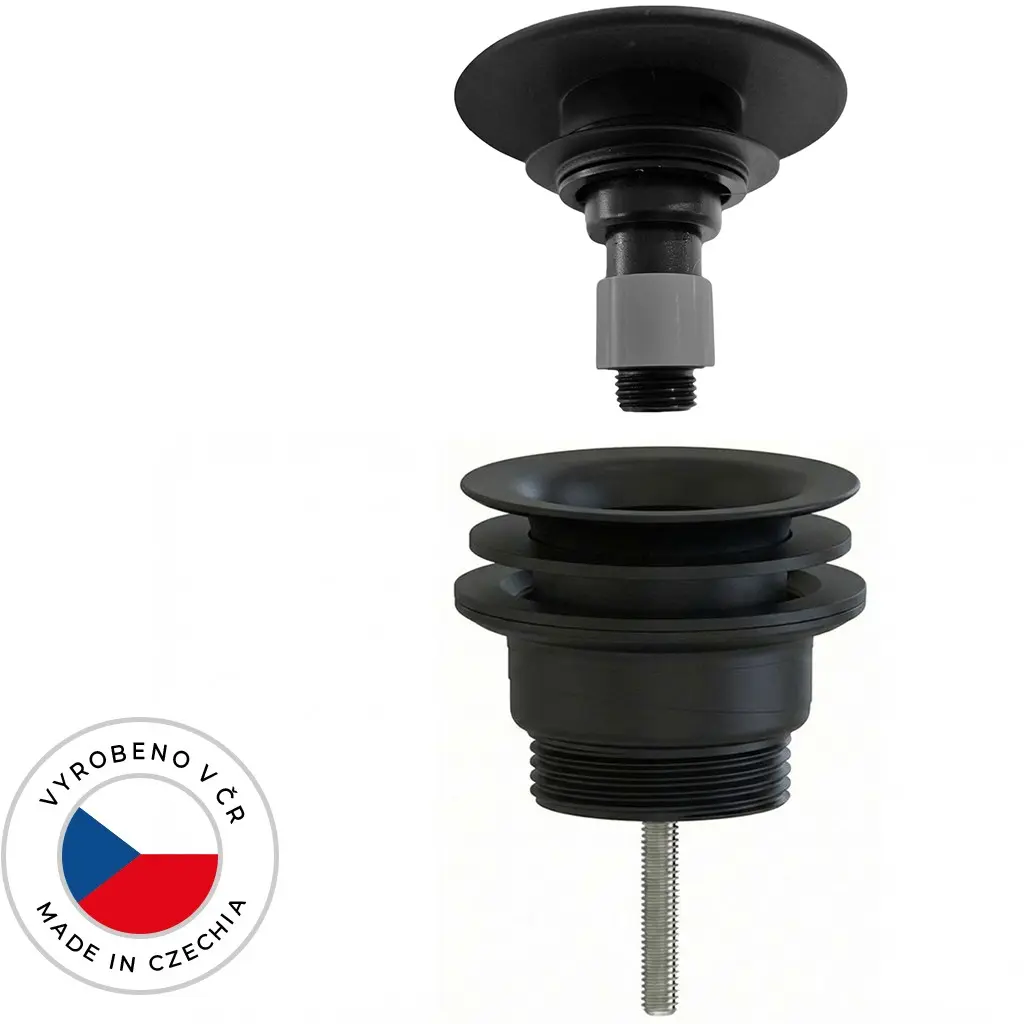 Umyvadlová výpusť - 5/4“ click-clack - univerzální - neuzavíratelná - plast - černá matná