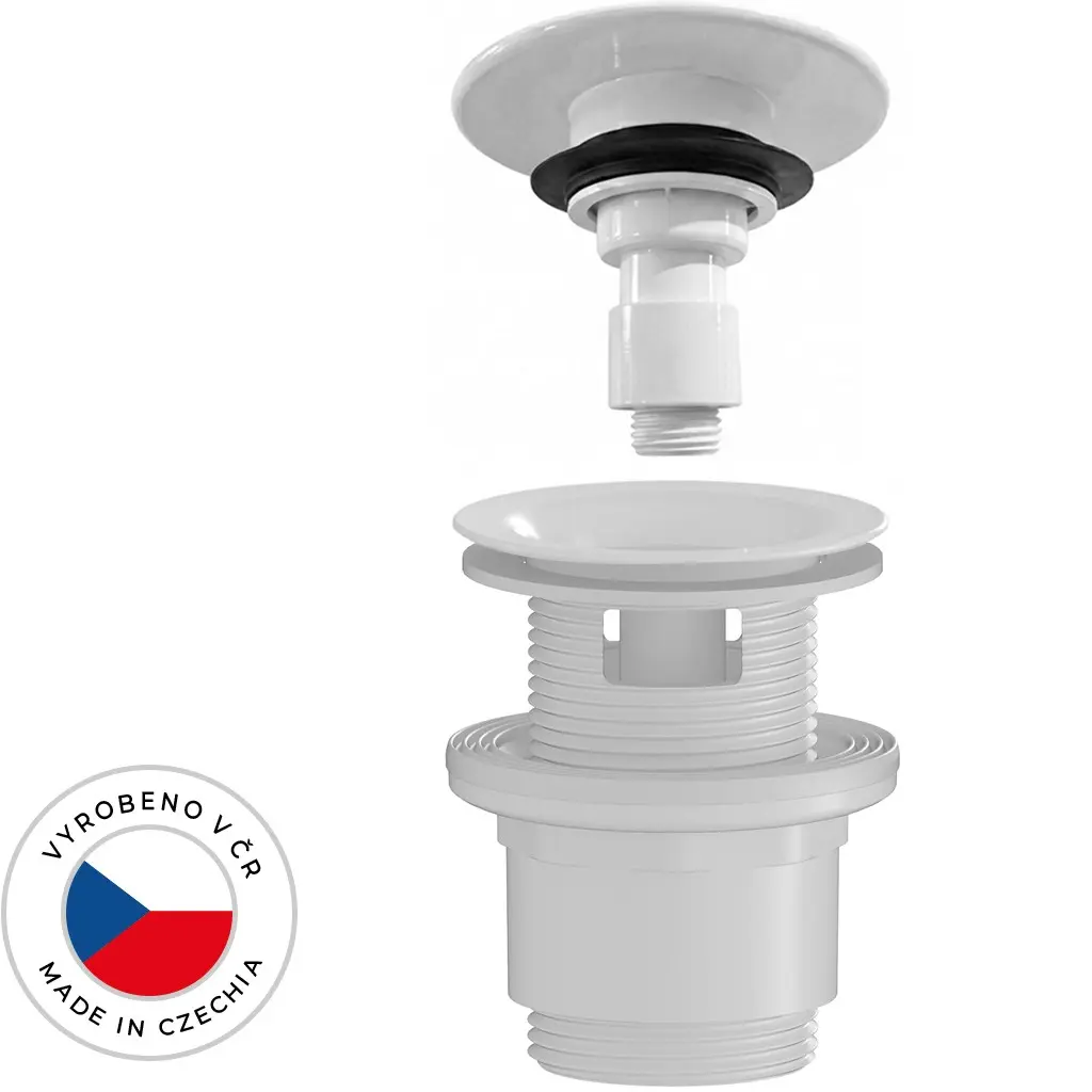 Umyvadlová výpusť - 5/4“ click-clack s přepadem - neuzavíratelná - plast - 35/50mm - bílá lesklá
