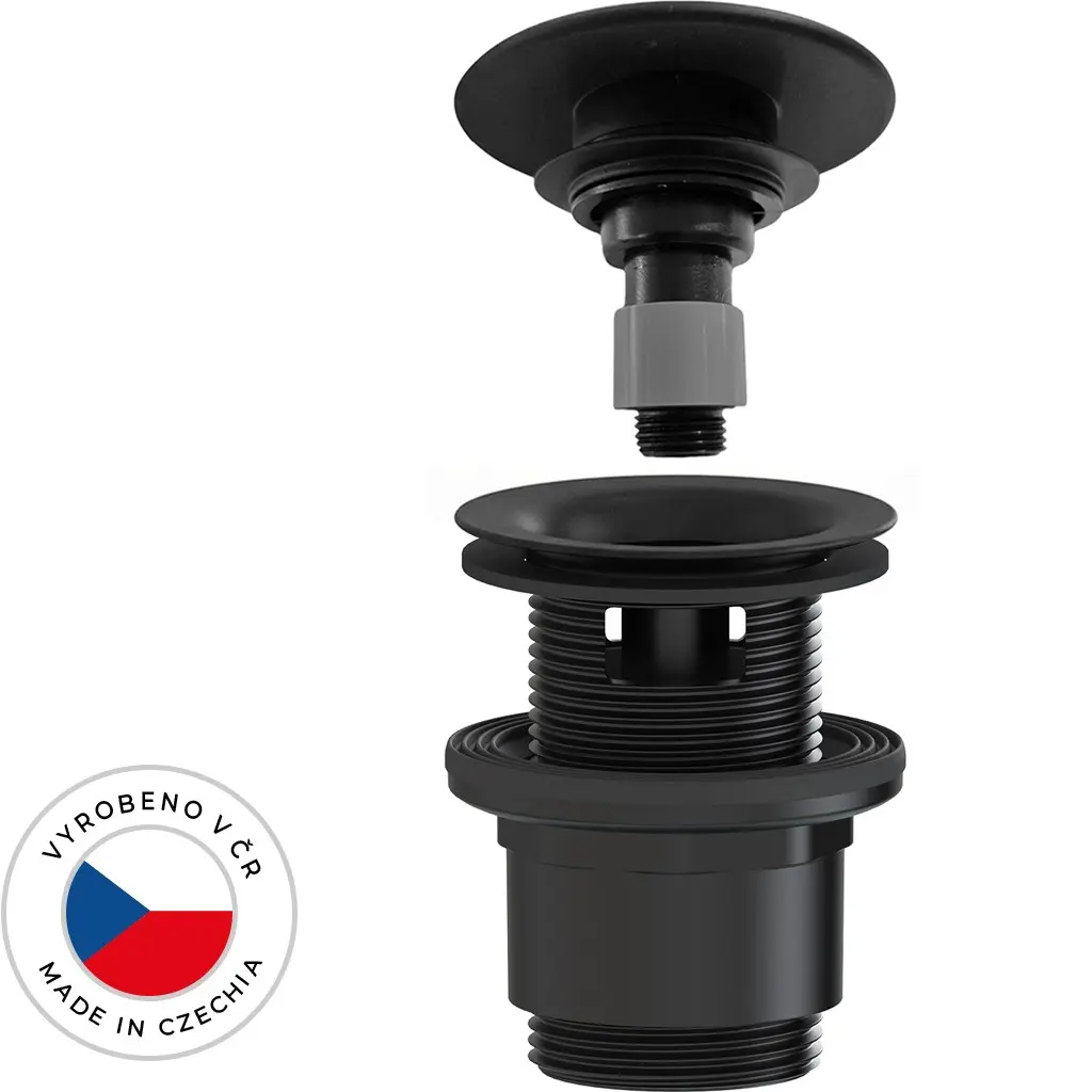 Umyvadlová výpusť - 5/4“ click-clack s přepadem - neuzavíratelná - plast - 35/50mm - černá matná