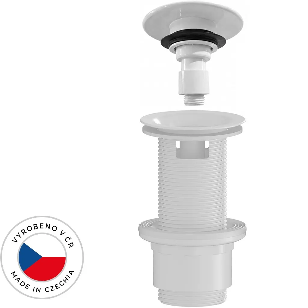 Umyvadlová výpusť - 5/4“ click-clack s přepadem - neuzavíratelná - plast - 67/82mm - bílá lesklá