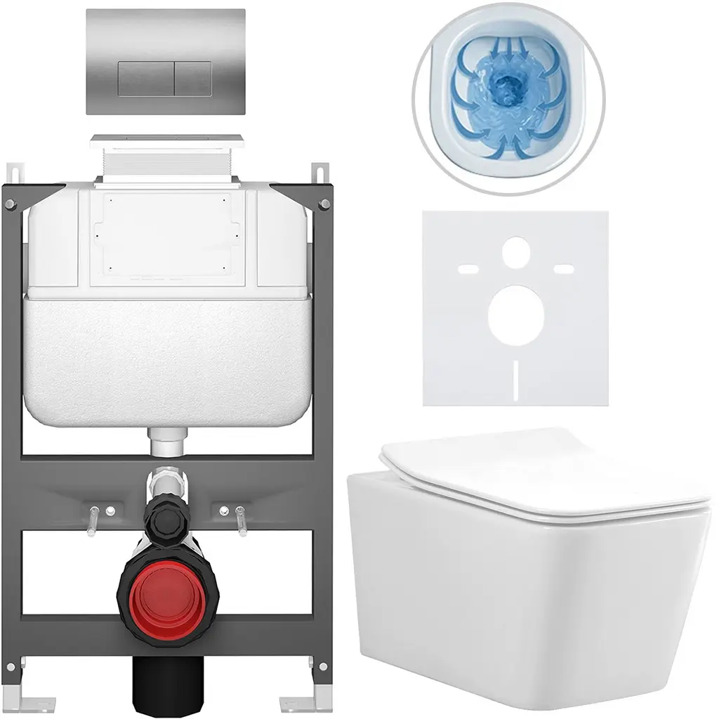 Kompletní WC set Basic/Forte - bílá lesklá - WC tlačítko Modulo/Stříbrná - ovládání shora - předstěnová instalace - 51x36 cm