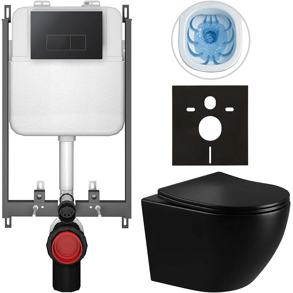 Kompletní WC set Basic/Cesso - černá lesklá - WC tlačítko Modulo/Černá - pro zazdění - 49x36 cm