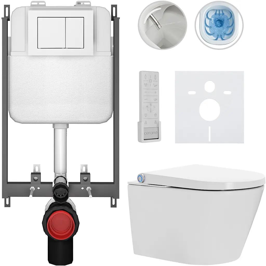 CERANO Závěsné WC s bidetem Basic/Cronus Premium bílá lesklá WC tlačítko Maxio/Bílá pro zazdění 59,3x38,4 CER-8050BD86481