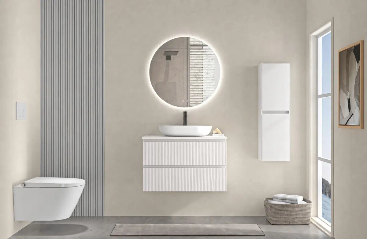Koupelnová skříňka Carole - bílá matná rýhovaná + deska z lit. mramoru Elanys - 12 mm - bílá matná - 100x49,2x46 cm