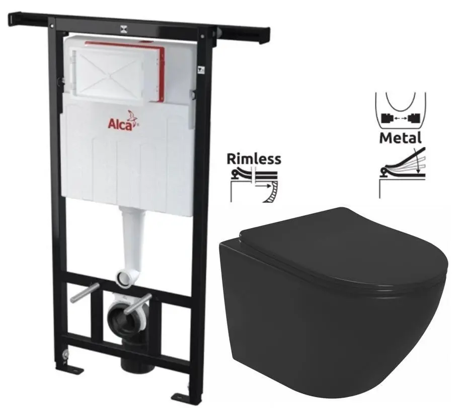 Předstěnový instalační systém bez tlačítka + WC REA CARLO MINI RIMLESS ČIERNY MAT + SEDADLO AM102/1120 X MM1