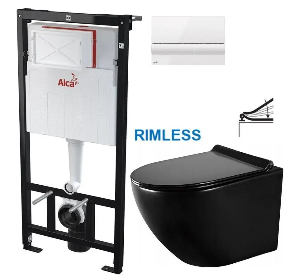 Předstěnový instalační systém s bílým tlačítkem M1710 + WC MEXEN LENA ČERNÁ Rimless + SEDÁTKO AM101/1120 M1710 ME01