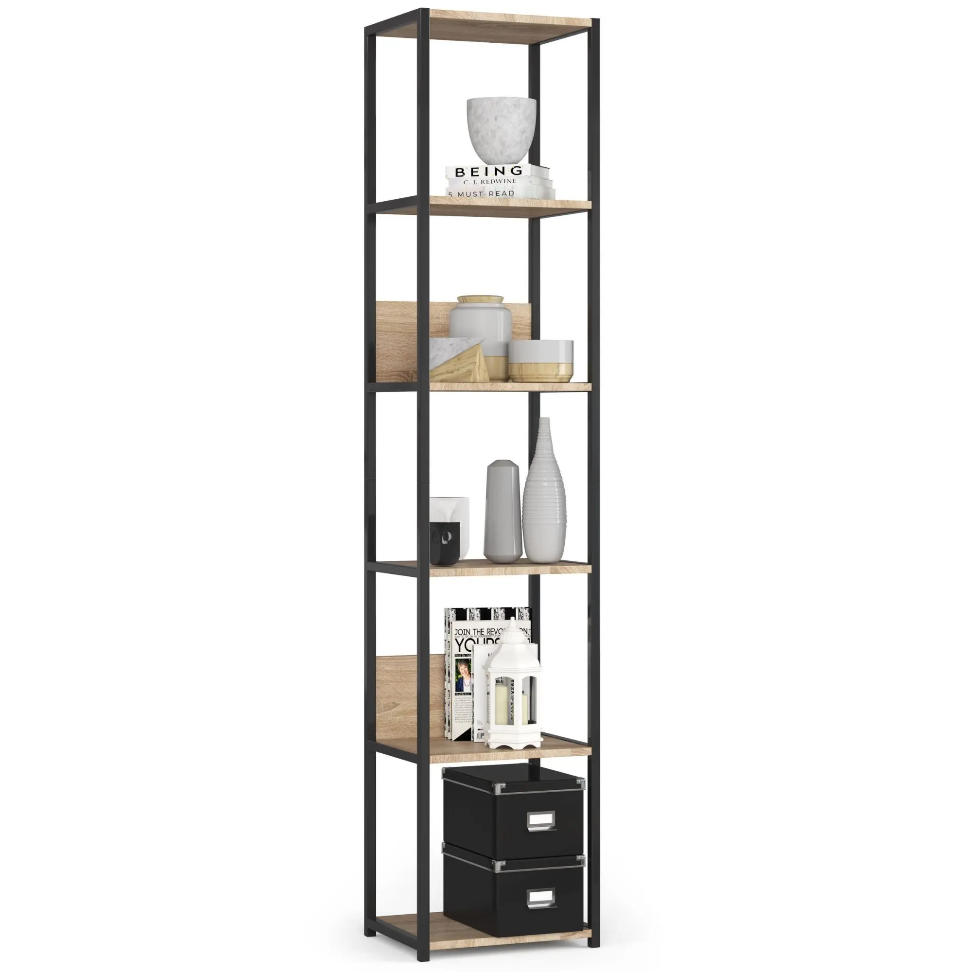 Kovový regál 40 cm, 6 polic, černý / dub sonoma