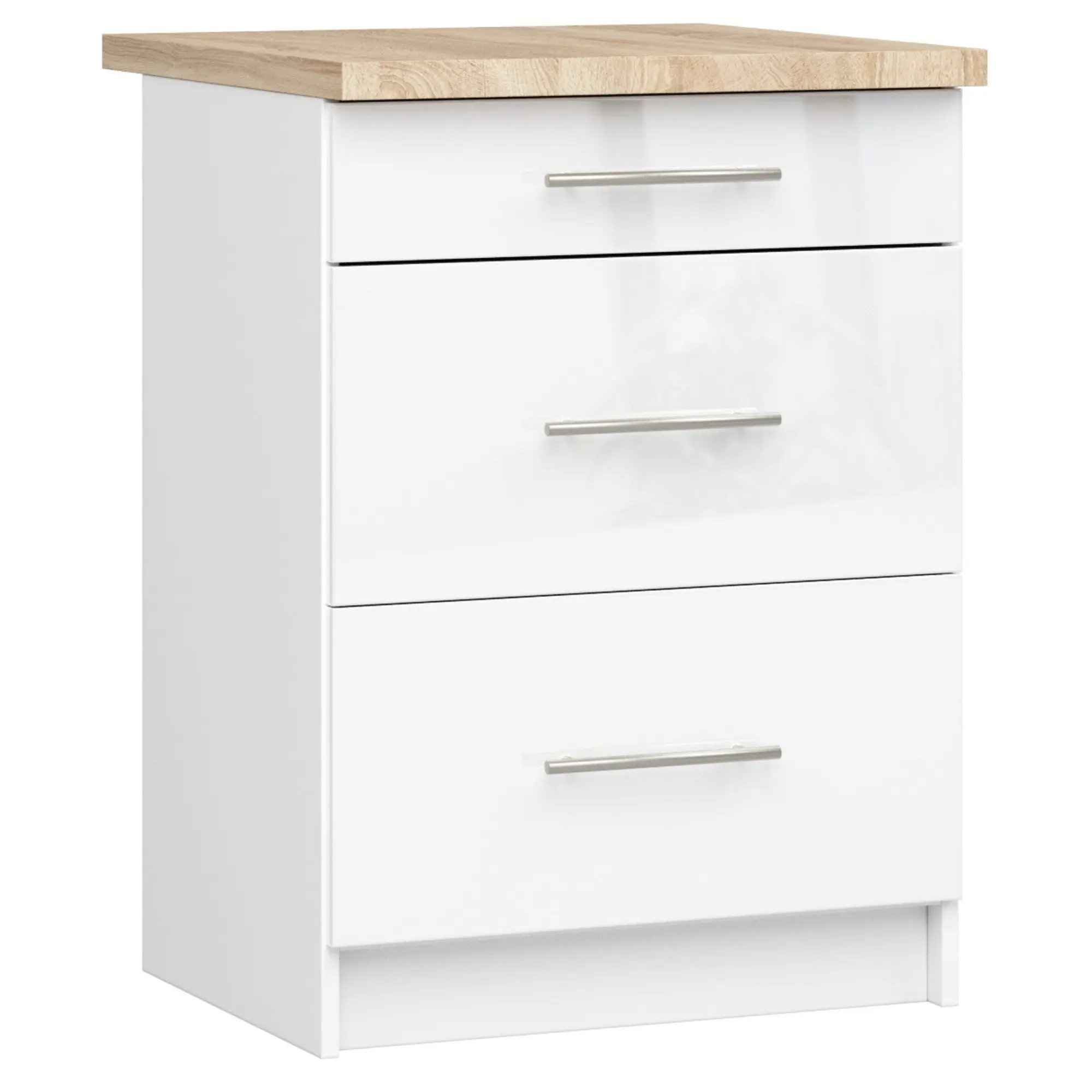 Ak furniture Kuchyňská skříňka Olivie S 60 cm 3S bílá/bílý lesk/dub sonoma