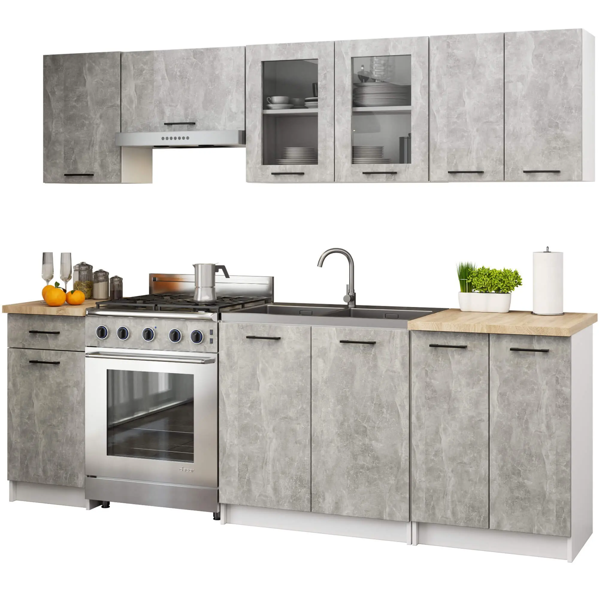 Ak furniture Kuchyňská linka Olivie 2,4 m prosklená beton