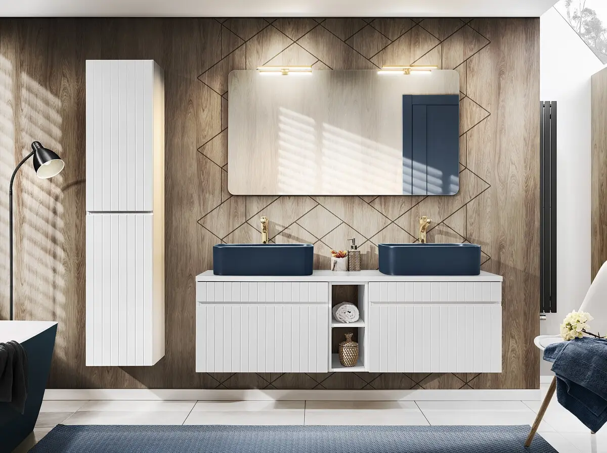 Comad Koupelnová sestava Iconic s deskou, umyvadly, zrcadlem a skříňkami 140 cm bílá