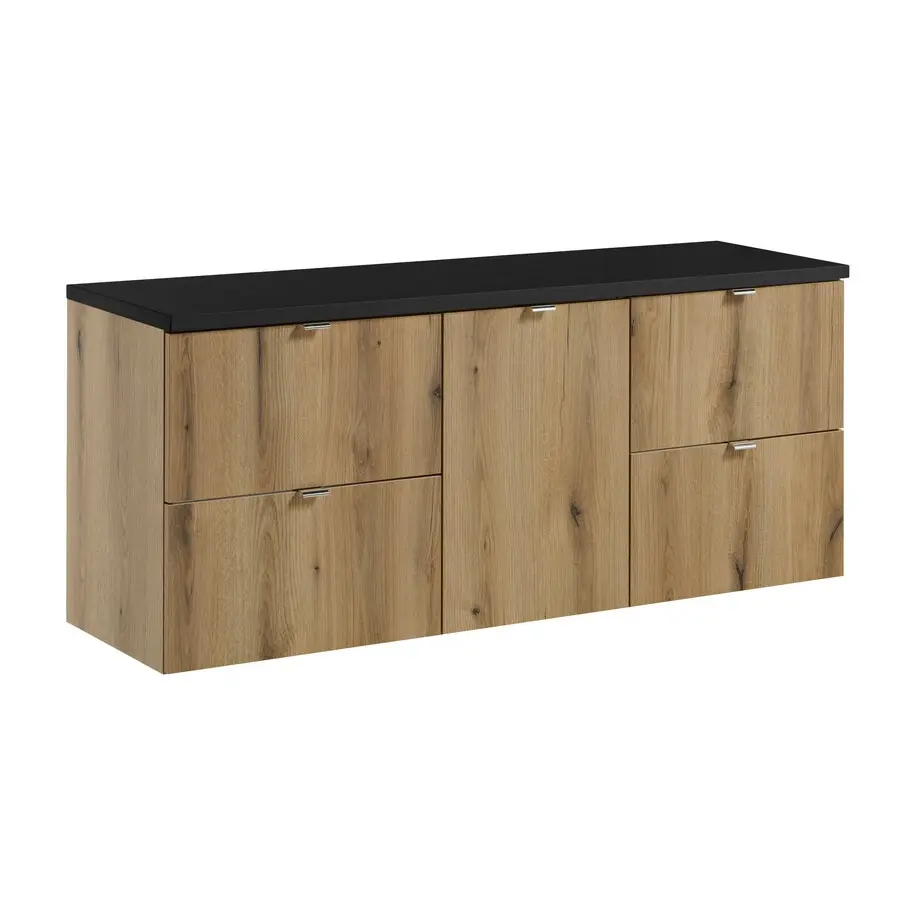 Comad Závěsná skříňka pod umyvadlo Nova Oak s deskou 140 cm dub evoke/černý