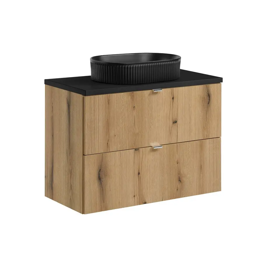 Comad Závěsná skříňka Nova Oak s deskou a umyvadlem 80 cm dub coast evoke/černá