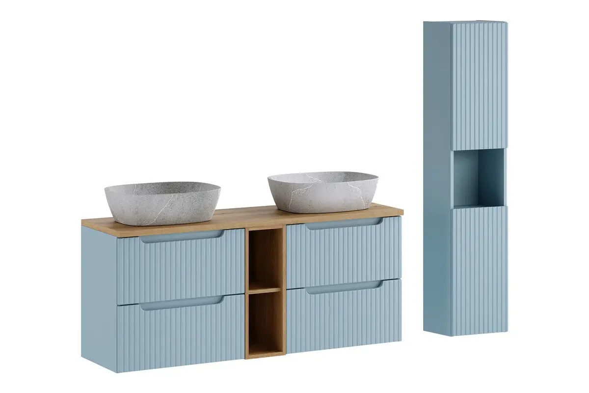 Comad Koupelnová sestava Nova Denim s deskou, skříňkami a umyvadly 140 cm modrá/dub coast evoke