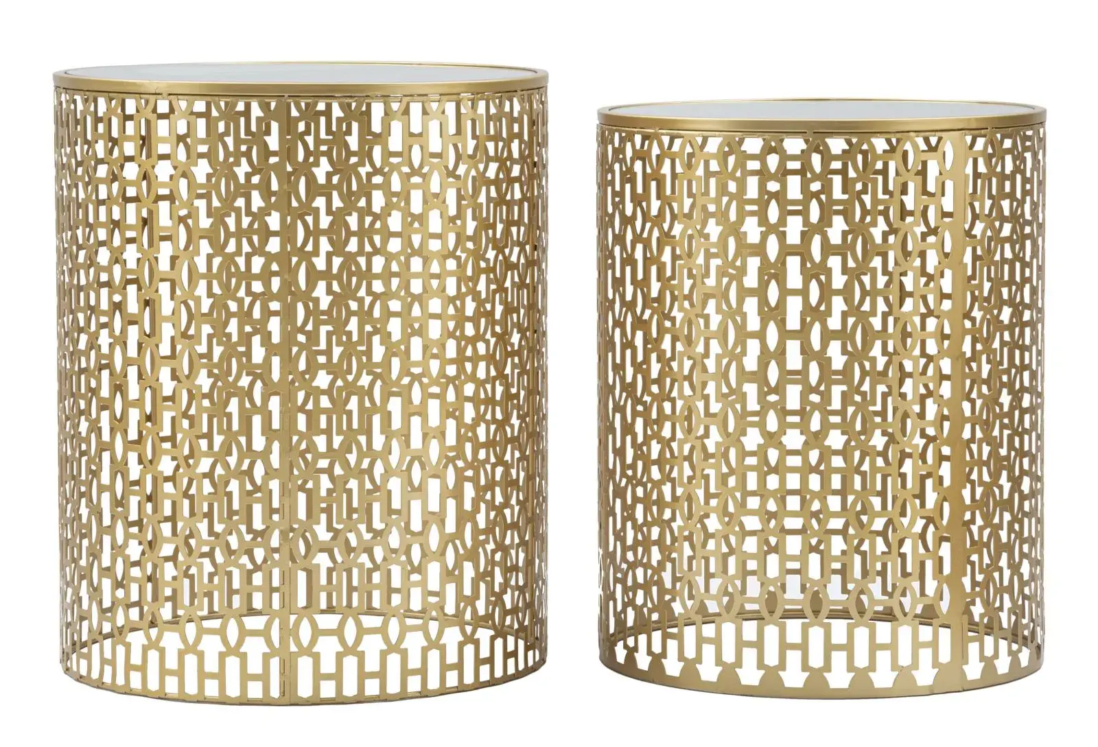 Estila Art deco sada kulatých kovových příručních stolků Lomar se zlatým vzorováním a vrchní zrcadlovou deskou 50 cm