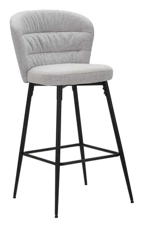 Estila Moderní barová židle Magnus se světle šedým čalouněním z látky s ergonomickým opěradlem na černých kovových nohách 108 cm