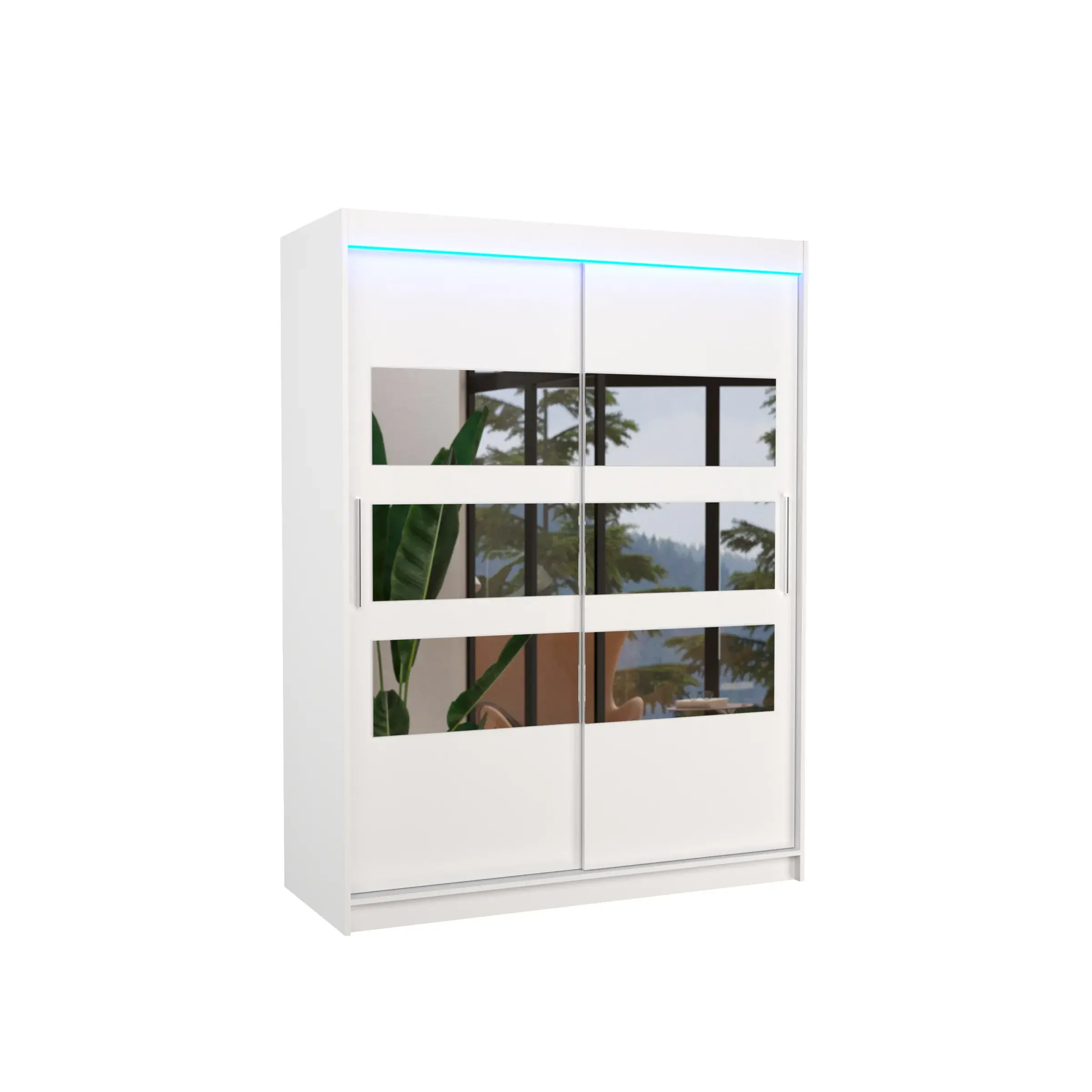 ADRK Šatní skříň s posuvnými dveřmi, zrcadlem a LED osvětlením Florenta 150 cm bílá