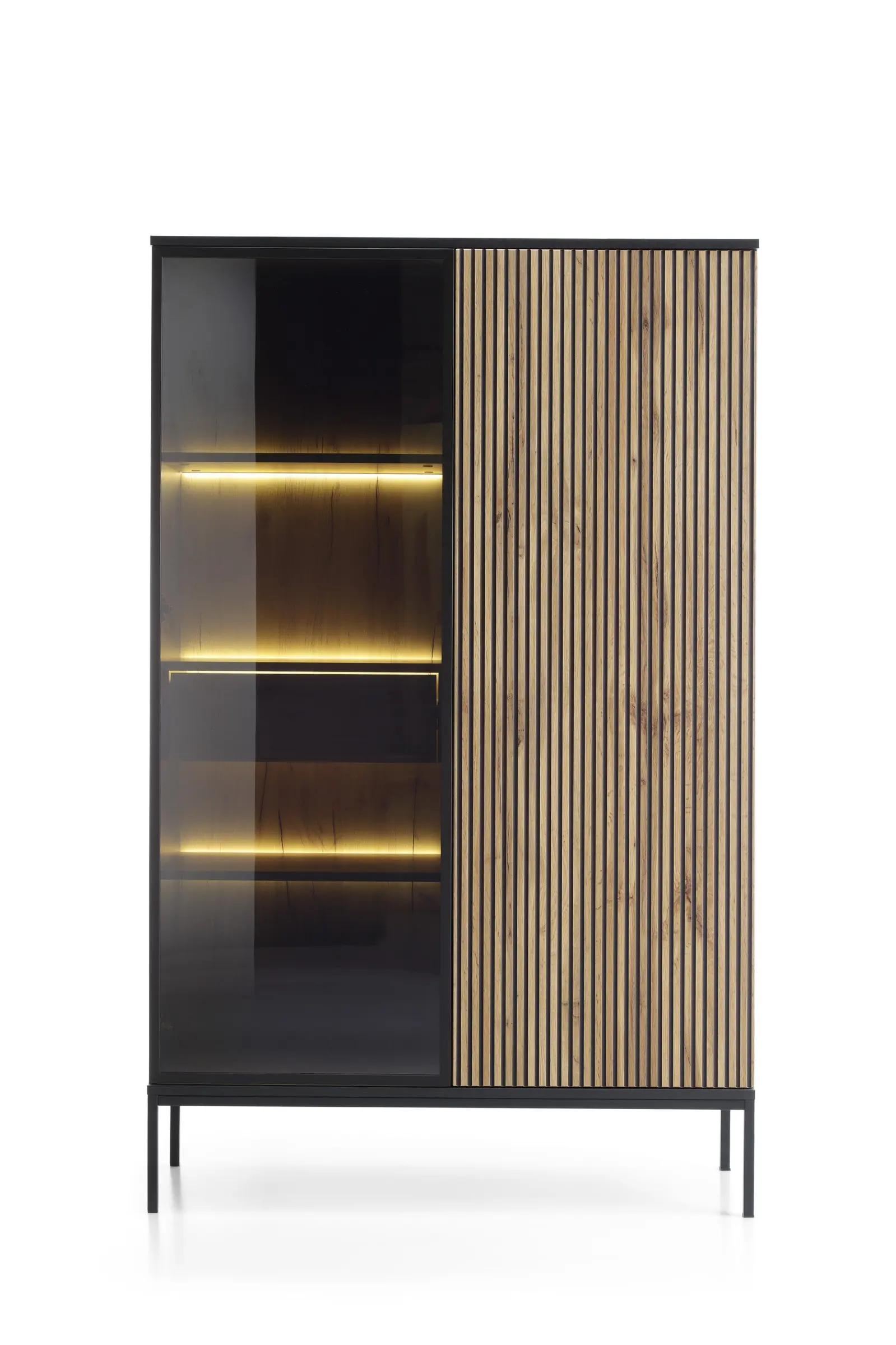 Piaski Vitrína Sento s LED osvětlením 104 cm dub wotan/černá