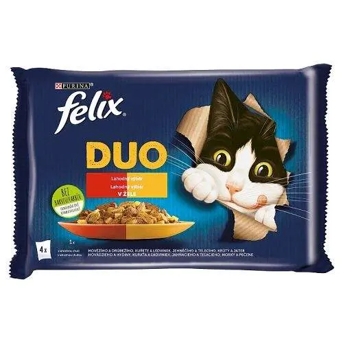 Felix Fantastic DUO v želé 4 x 85 g Kuřecí s ledvin.,Hovězí s Drůběžím,Krůtí s játry,Jehněčí